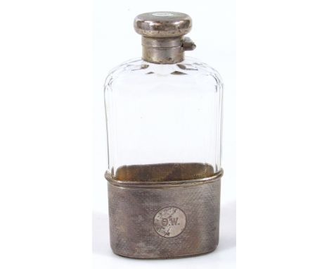 A George V silver and glass hip flask, by F. & Co Ltd, with compressed mushroom stopper initialled O.W., with a shouldered bo