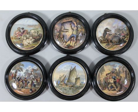 Various Prattware pot lids, to include The Wolf And The Lamb, 11cm dia. etc, in wooden mounts. (6)