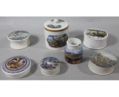 Various Prattware and other pot lids, jars, etc, to include Fishing In A Punt, 12cm dia. other 19thC and later jars, etc, som