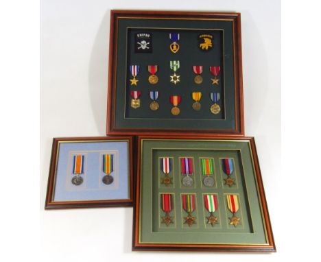 Various cased medals, to include a WWI two medal group marked PTE J Taylor Staff R, a quantity of WWII medals including Stars