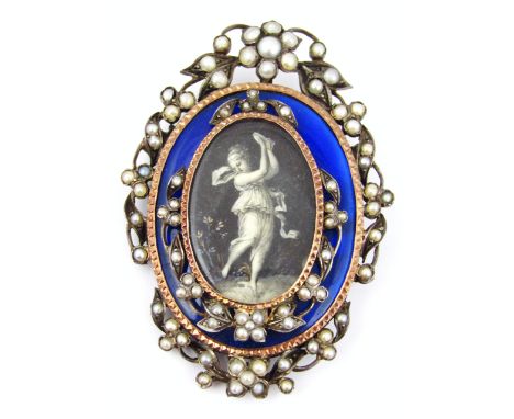 A Victorian brooch, set with a central image hand painted of a cherub, with blue enamel and seed pearl decoration set in yell