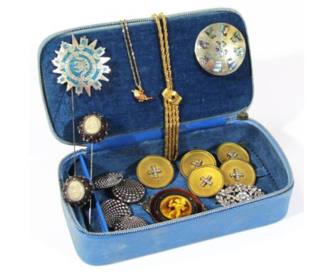 Costume jewellery. Vintage hat pins, cut-steel and bloomed buttons, enamel St Christopher, modern silver brooches, etc. 