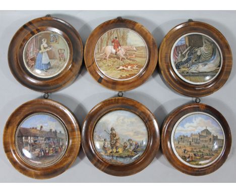 Various Prattware pot lids, to include The Master Of The Hounds, 11cm dia. etc, in wooden mounts. (6)