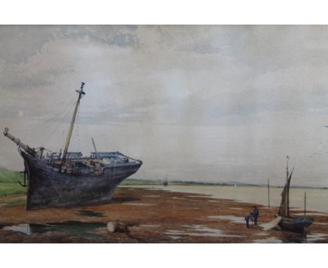 H R Cauty (fl.1881). Calm seascape, boats and sailors, watercolour, signed 1881, 33cm x 59cm. 