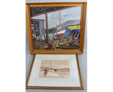 R W Clark (20thC).  Boat Yard Lymington, oil on board, signed, 45cm x 49cm, and a calm boating scene, watercolour and wash, b