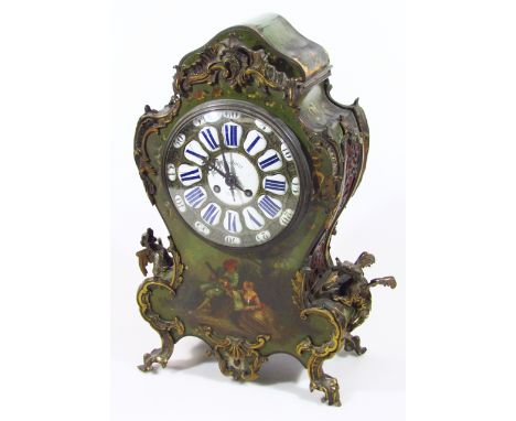 A late 19thC French mantel clock, the raised enamel, 16cm dia., Roman numeric and Arabic dial, signed Tostain, Paris, in a hi