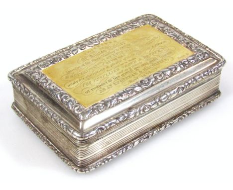 A William IV silver and silver gilt snuff box, by Nathaniel Mills, of oblong outline with a double scroll and floral border, 