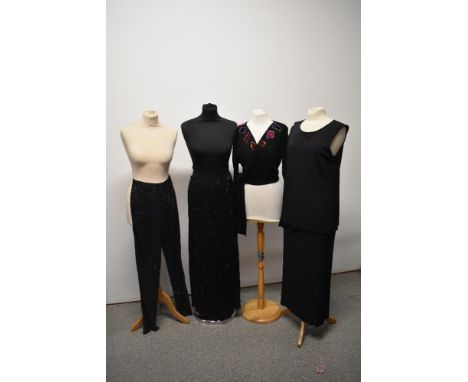 A selection of Jean Muir clothing, to include 1970s glittery trousers, a maxi skirt with gold star pattern and a wrap around 