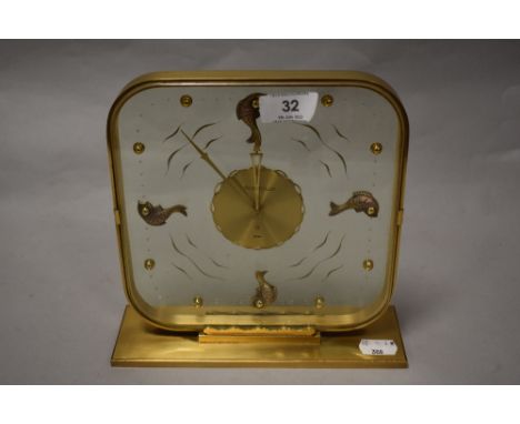 A rare mid-20th Century Jaeger Le Coultre Fish Pond Aquarium 8 day mantel clock with gilded brass surround, 19.5cm x 20cm