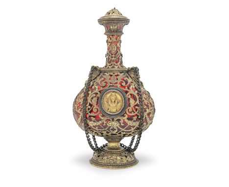 An interesting late 17th/early 18th century gilt-metal mounted ruby glass bottle vase, probably German or BohemianMounted wit