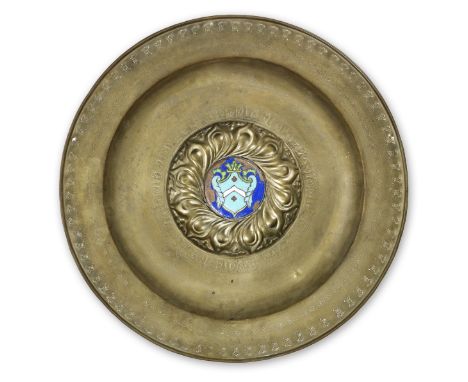 A brass and enamel alms dish, NurembergThe dish 16th century, the enamel possibly laterCentred by a boss of twelve double-con
