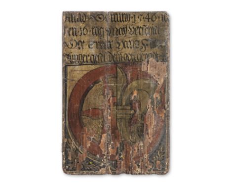 A polychrome-painted pine board, South German (or possibly Swiss), dated 1546Painted in red and green, possibly with a coat o