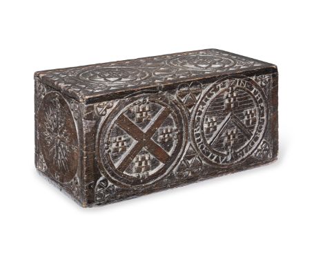 An interesting late 17th/early 18th century carved oak box, English, probably Plymouth, circa 1700Originally with a wire-hing