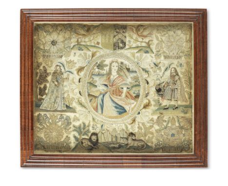 A Charles II embroidered picture, circa 1670Designed with a central roundel of the seated figure of Justice, beneath the coat