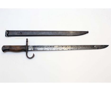 A Type 30 Japanese Arisaka bayonet in its scabbard with the initials R.M. stamped to the pommel and was manufactured at eithe