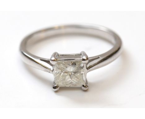 18ct white gold princess cut single stone diamond ring. Approx 0.75ct