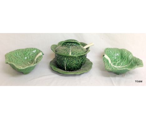 Pottery green glazed tureen on stand with ladle and 2 serving dishes 