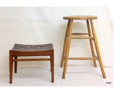 Vintage oak stool with a leather topped foot stool (largest 61x36x26cm)