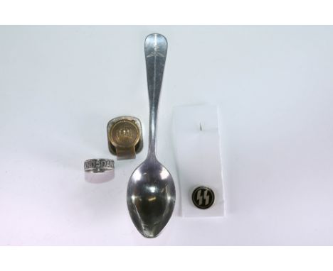 A WW1 Imperial German silver patriotic ring to VATERLANDS DANK 1914 an Imperial German brass belt hook a WW2 Nazi SS enamel p