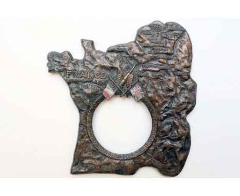 A WW1 cast metal with enamel British & French flags Western Front Service Frame in the shape of France and Belgium with a Reg