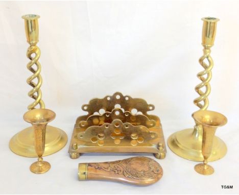 A pair of Victorian brass candlesticks, powder horn, letter rack and vases. Candle stick 31cm high