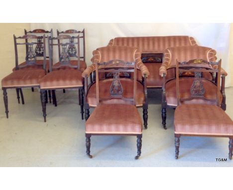 Victorian 9 piece rosewood salon suite with inlaid decoration 2 seater sofa, 2 x arm chairs, 4 x chairs, 1 x low nursing chai