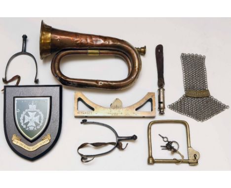 Assorted military items including a Royal Green Jackets shield - pair of spurs - whistle on leather strap - a 1940 War Depart