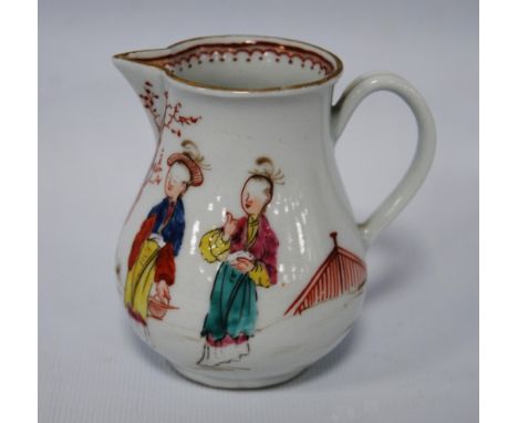 18th century first period Worcester sparrow beak baluster cream jug, c. 1770, polychrome decoration with chinoiserie figures,