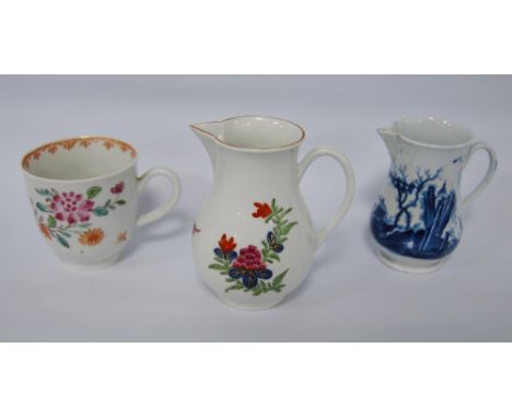 18th century porcelain sparrow beak cream jug, c. 1770, possibly by Caughley, polychrome palette with floral decoration, doub