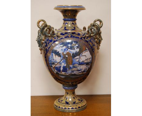 Impressive Italian lustre baluster vase by Robbia Gualdo Tadino in the rococo manner decorated with a central panel of a myth