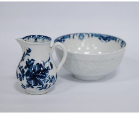 18th century first period Worcester sparrow beak jug, c. 1770, with blue underglazed floral sprays, 8cm high, and a similar 1