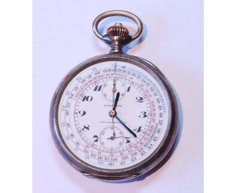 Keyless chronograph by Longines 19.73N, no. 47686842, in silver open face case, 62mm, c. 1900.CONDITION REPORT: This winds an