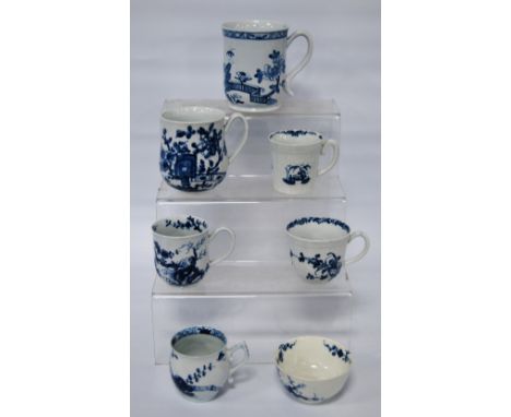 Group of 18th century Caughley and similar porcelain to include coffee cups, tea bowl and tea cups with blue underglaze 'Cann