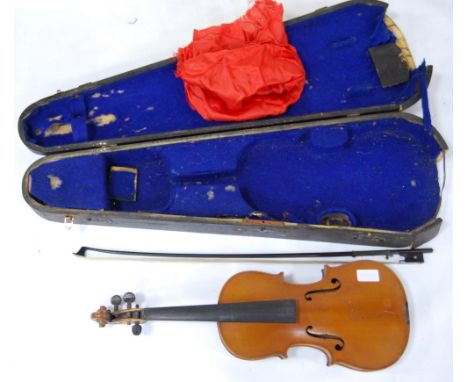 Antique violin with two-piece back and copy Antonio Stradivarius label, dated 1715, 32.5cm long, with bow in fitted case. 