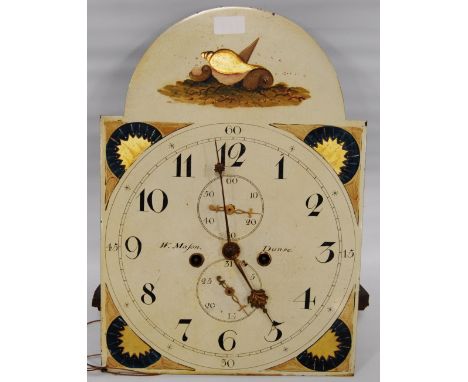 Early 19th century Scottish longcase clock dial and works, the 13in painted dial with subsidiary dials, by W Mason, Dunse, wi