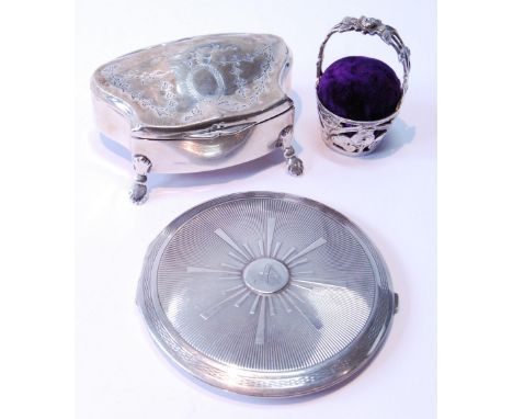 Engraved silver trinket box, an engine turned compact and a pin cushion.&nbsp; (3)