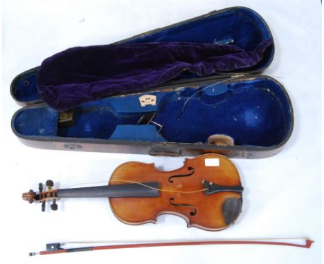 Antique violin with single-piece back and copy Antonio Stradivarius label, dated 1721, 35cm long, with bow in fitted walnut c