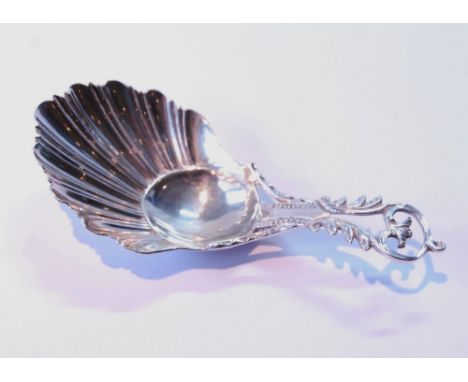 Silver scallop caddy spoon with pierced grip, by Bradbury &amp; Sons, Sheffield 1915. 