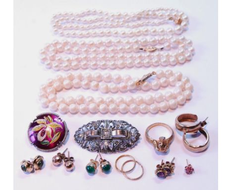 Three pearl necklets, a marcasite brooch, various earrings and other items, some gold. 