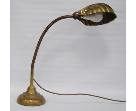 Art Deco brass 'shell' desk lamp, the shade supported upon a brass adjustable gooseneck arm on a weighted base, converted to 