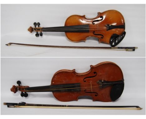 German child's violin with two-piece back, c. 1950s, label for JJ Van de Geest &amp; Son, 30cm long, and another child's viol