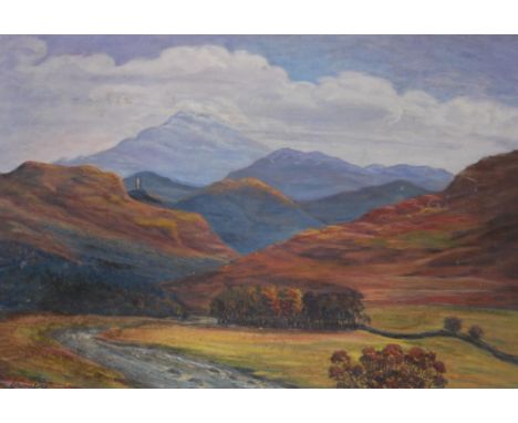 Harradine (British, 20th Century) Stream with rolling hills Signed, oil on board, painted in rich pastel colours, 49.5cm x 74