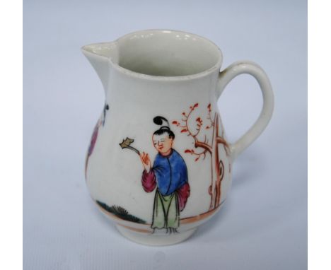 18th century first period Worcester sparrow beak baluster cream jug, polychrome decoration with chinoiserie figures, label to
