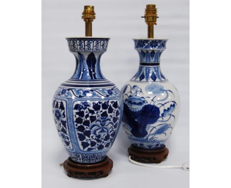 Oriental blue and white porcelain vase/lamp in the Kangxi period style with all over floral panels, and a Kraak-style example