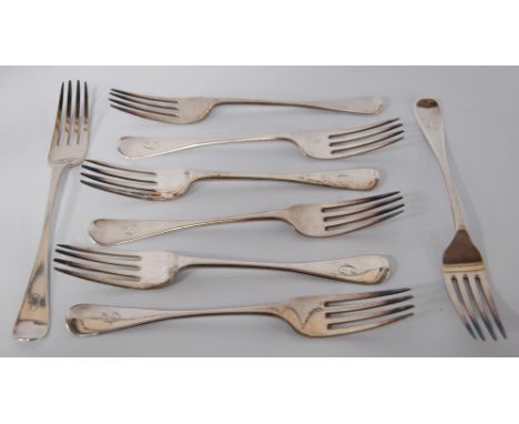 Set of eight Regency silver table forks, hallmarks for Sydenham William Peppin, London 1817-18, engraved monogram to the fidd