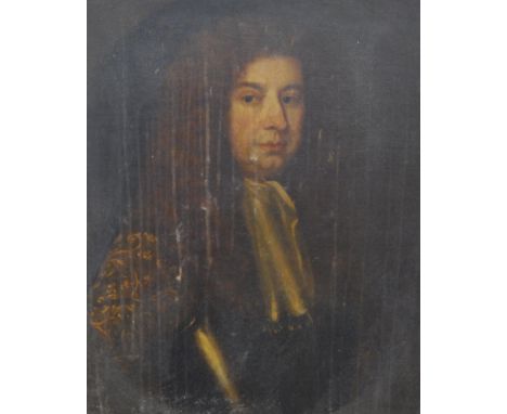 Circle of Sir Godfrey Kneller (1646 - 1723) Portrait of a noble gentleman in a powdered wig, white stock and with gold damask