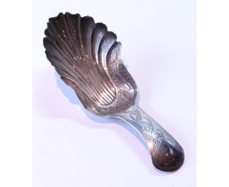 Silver scallop caddy spoon with engraved grip, by Taylor and Perry, Birmingham 1829. 