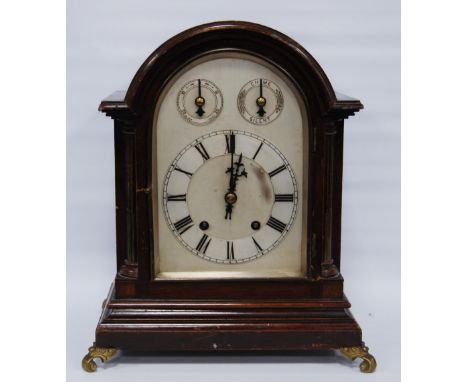 German eight day mahogany-cased bracket clock, the silvered twin train dial with slow-fast, chime-silent subsidiary dials, th