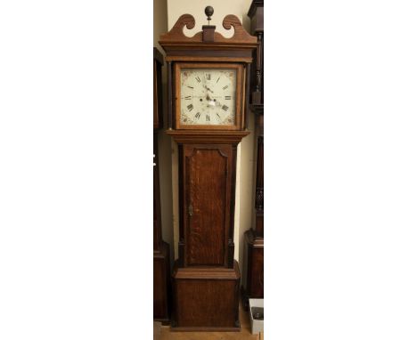 Whitehurst of Congleton 8 day longcase clock with 12" square dial. Contained in  oak and mahogany case with cross-banding 22"