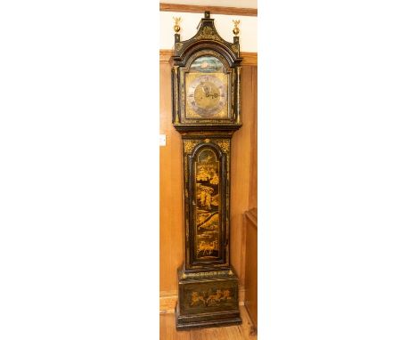 A Robert Dawson ALFORD  Blue Chinoiserie longcase clock  with rocking ship automaton to the arch. 12-inch brass arch dial wit